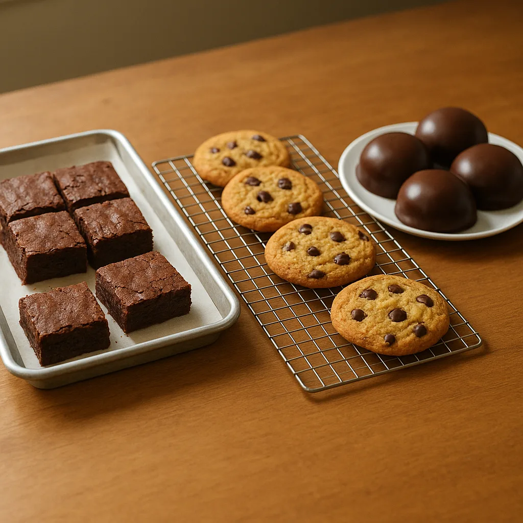 Brownie cortado em quadrados numa assadeira, cookies com gotas de chocolate numa grade e pães de mel cobertos de chocolate num prato, sobre uma bancada de madeira